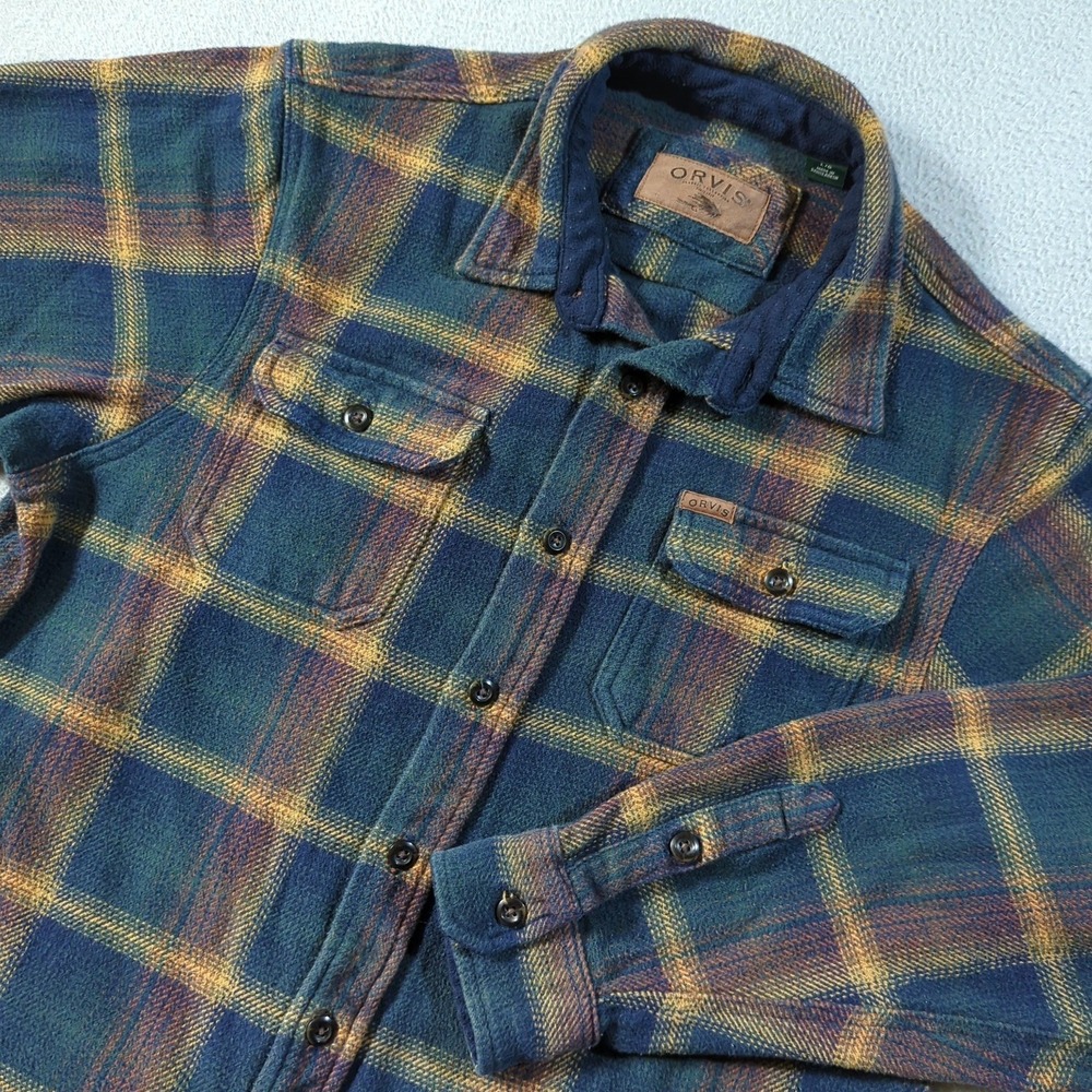 Orvis Big Bear Heavyweight Flannel Shirt Mens Large Blue Green Plaid Shacket